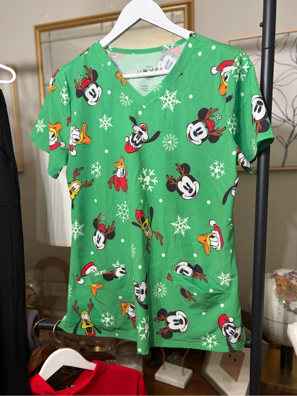 Disney Green Holiday Cartoon V-Neck Scrub Top with Mickey & Friends